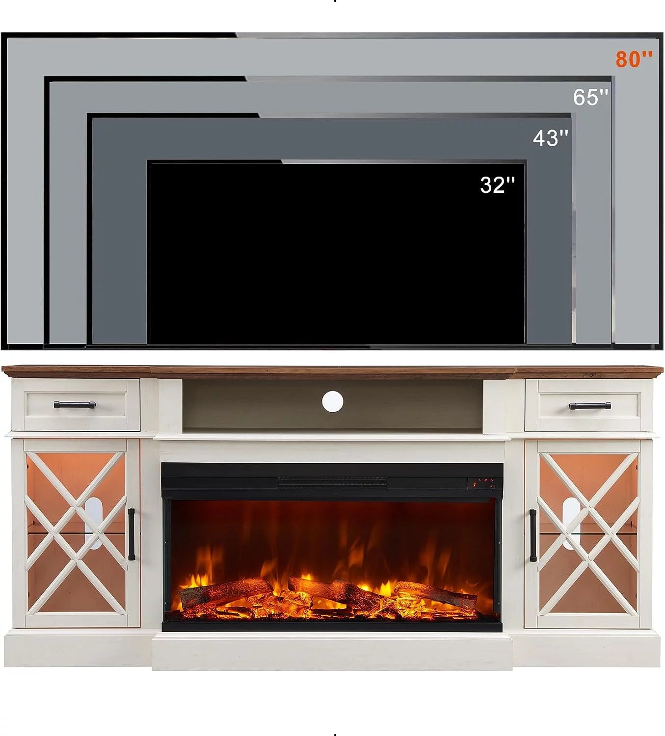 Farmhouse 3-Sided 70" Fireplace TV Stand for 80" Tvs, Entertainment Center with Electric Fireplace and Storage Drawers,Light Rustic Oak