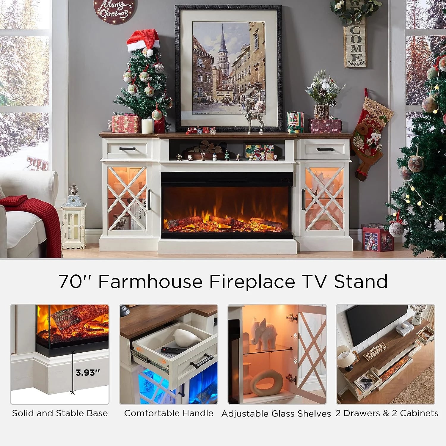 Farmhouse 3-Sided 70" Fireplace TV Stand for 80" Tvs, Entertainment Center with Electric Fireplace and Storage Drawers,Light Rustic Oak