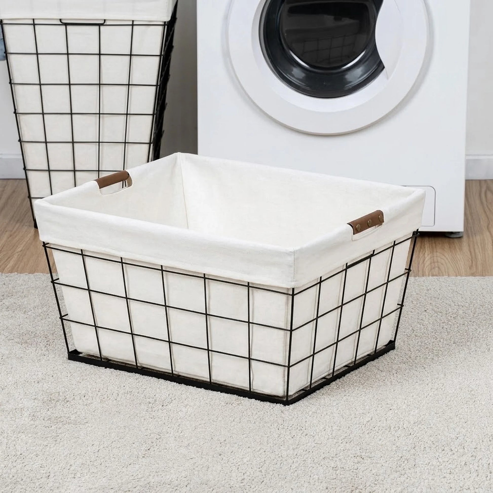 (2 Pack)  60L Rectangular Steel Laundry Basket, Black & Natural, Adult