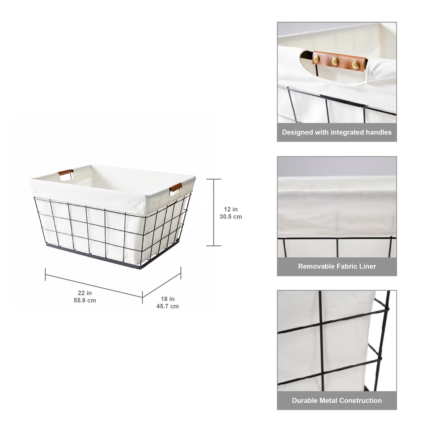 (2 Pack)  60L Rectangular Steel Laundry Basket, Black & Natural, Adult