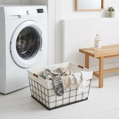 (2 Pack)  60L Rectangular Steel Laundry Basket, Black & Natural, Adult