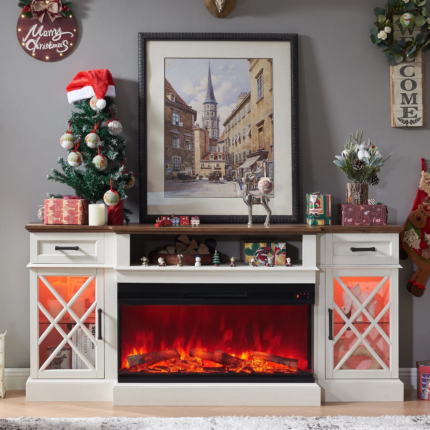 Farmhouse 3-Sided 70" Fireplace TV Stand for 80" Tvs, Entertainment Center with Electric Fireplace and Storage Drawers,Light Rustic Oak