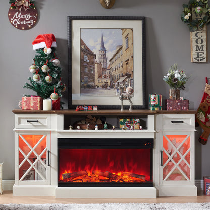 Farmhouse 3-Sided 70" Fireplace TV Stand for 80" Tvs, Entertainment Center with Electric Fireplace and Storage Drawers,Light Rustic Oak