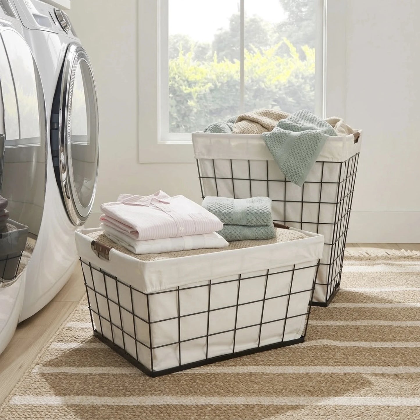 (2 Pack)  60L Rectangular Steel Laundry Basket, Black & Natural, Adult